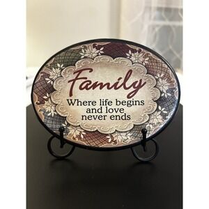 FAMILY--5' Plate--Black Metal Easel--Floral Border--Sentiment